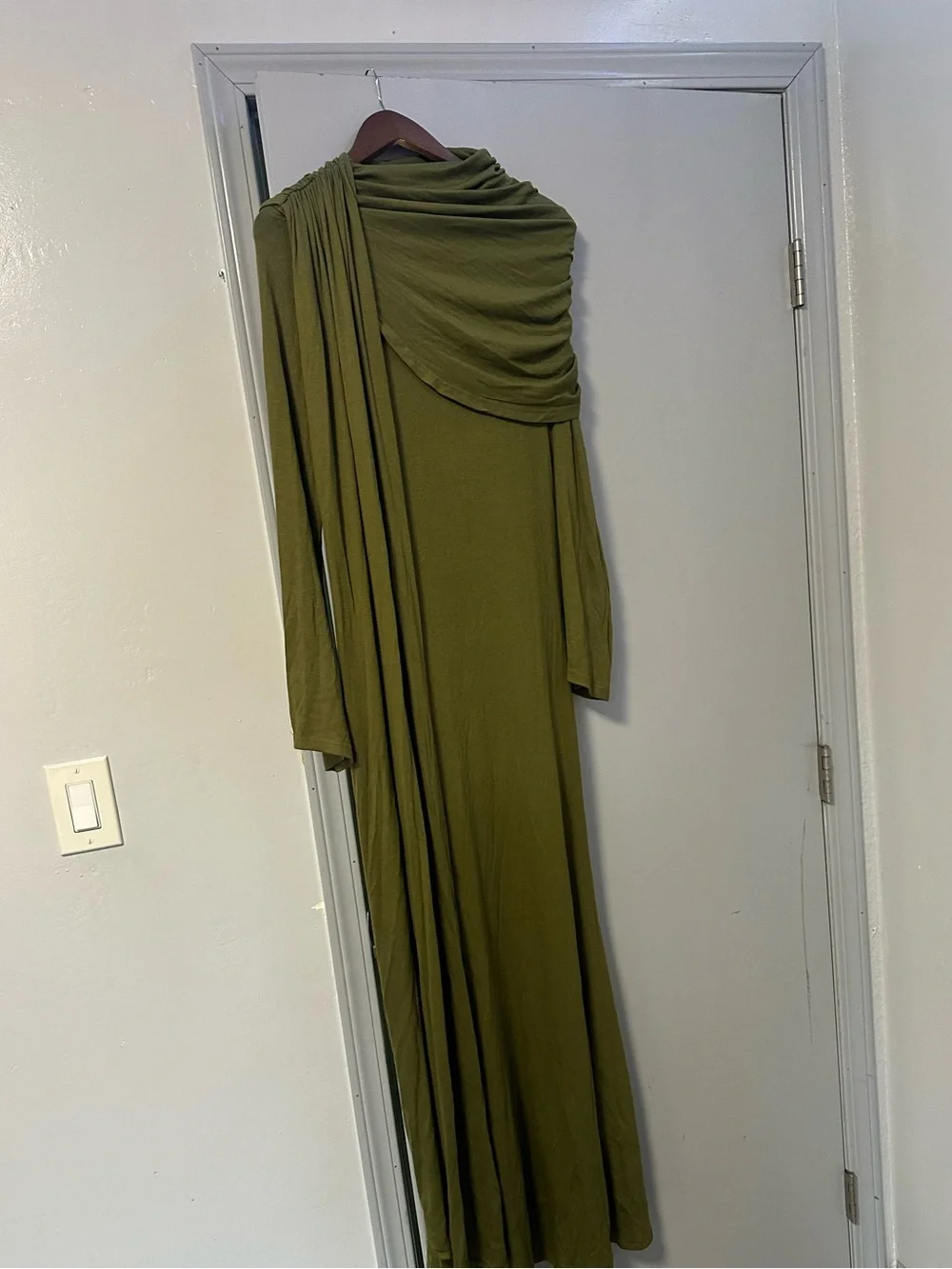 Olive Green Draped Maxi Dress with Ruched Details - Picture 3 of 5
